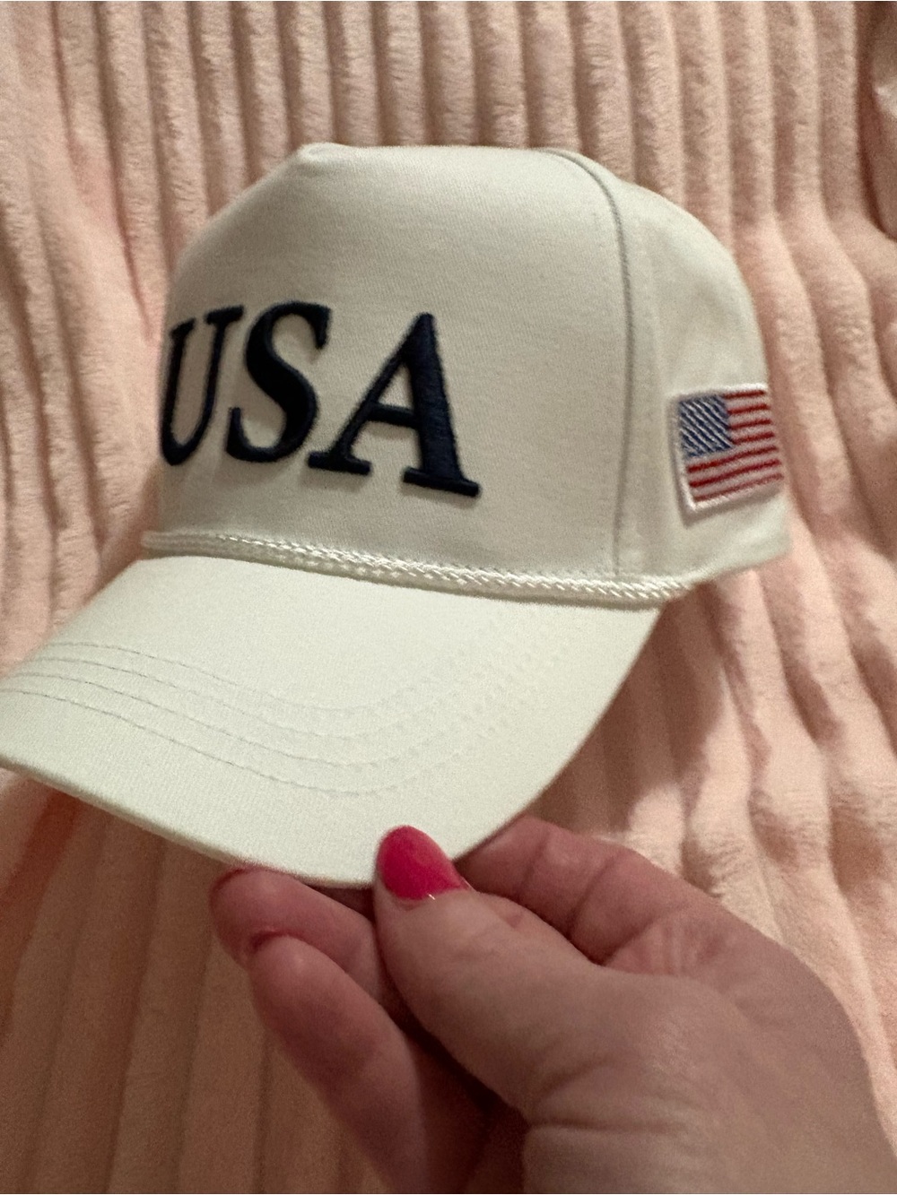 USA Embroidered Baseball Cap with flag patch-White with Navy Lettering   NWT